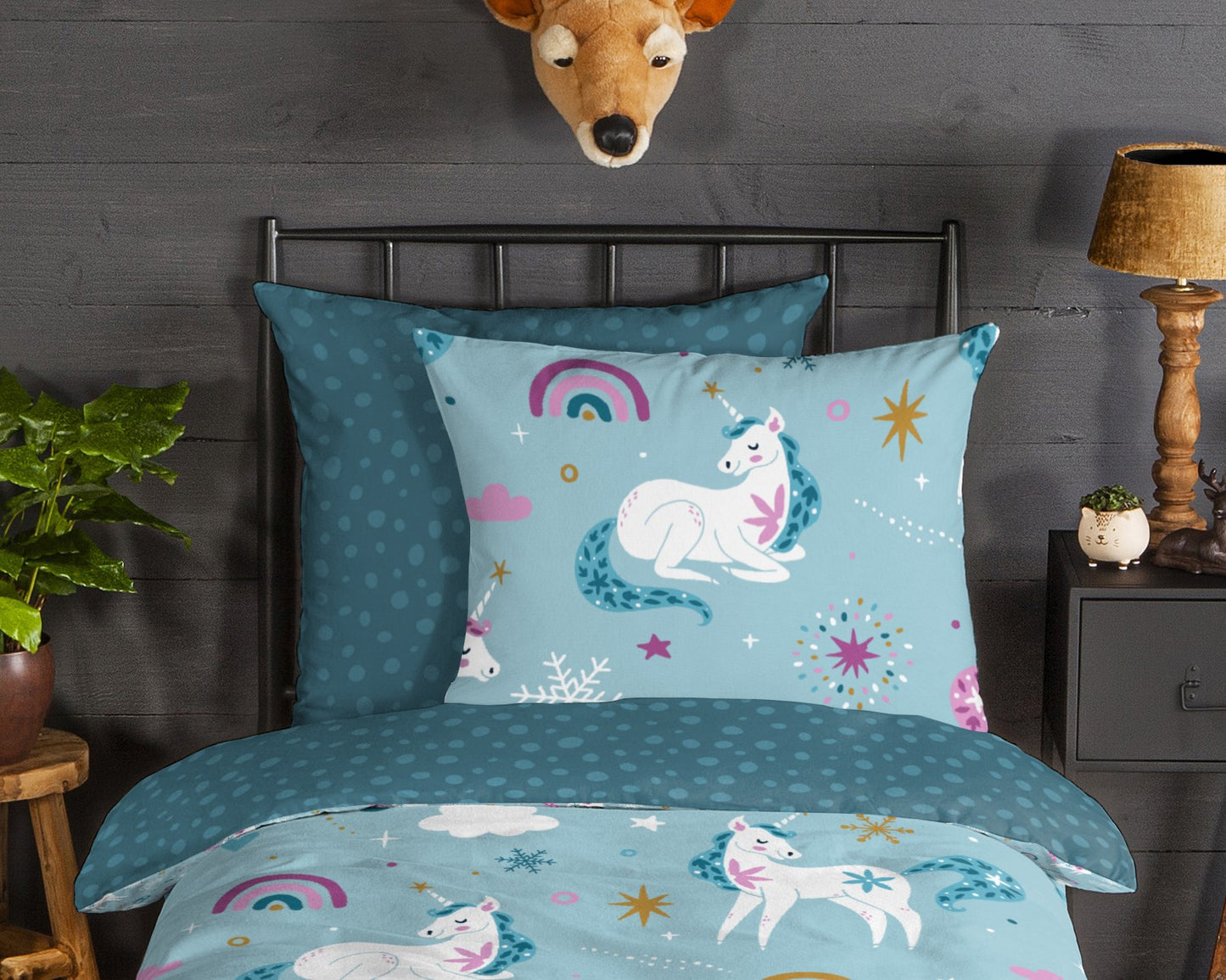 Kinderdekbedovertrek Good Morning Flanel Snowycorn - Duitsland 135x200 + 1* 80x80 cm