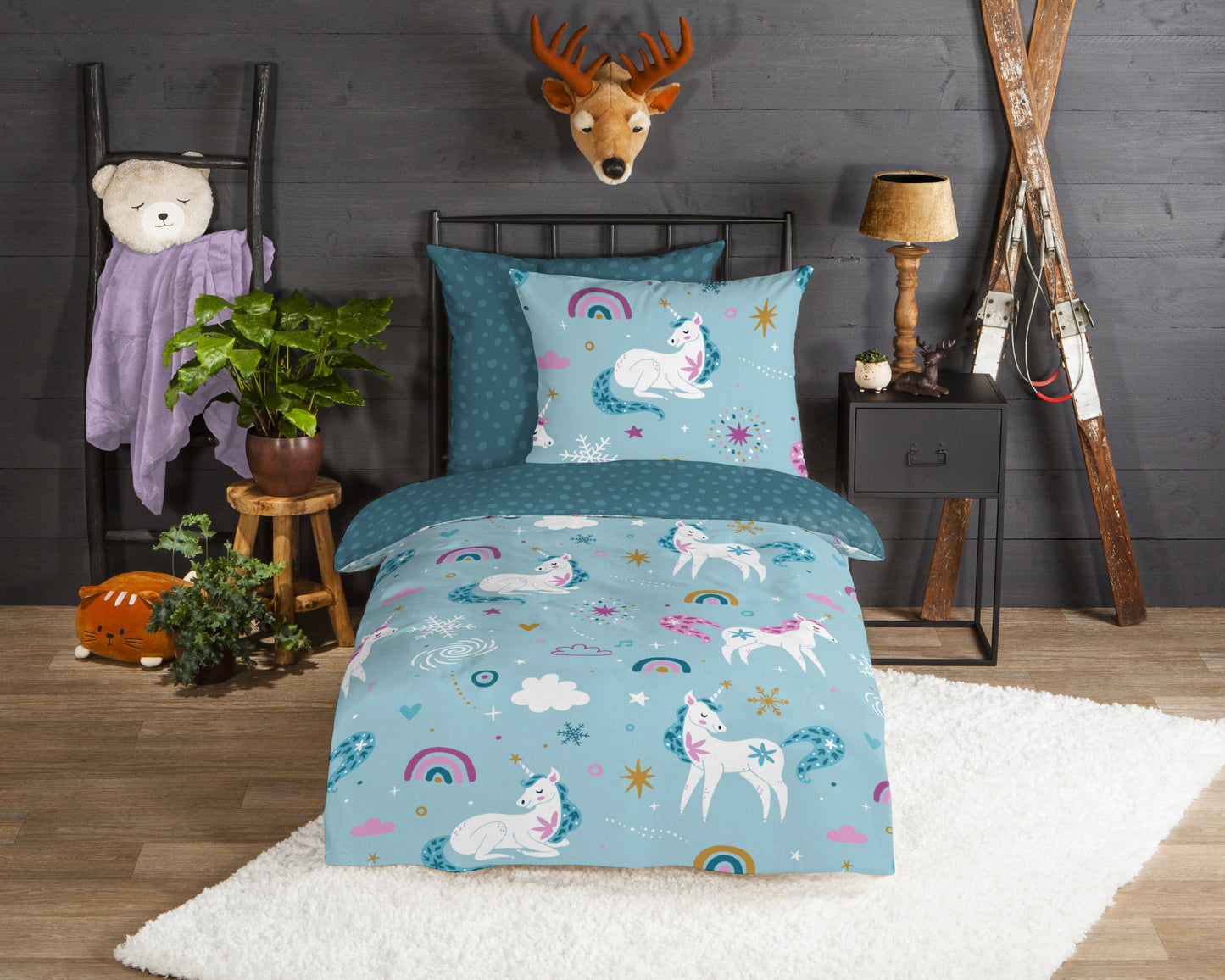 Kinderdekbedovertrek Good Morning Flanel Snowycorn - Duitsland 135x200 + 1* 80x80 cm